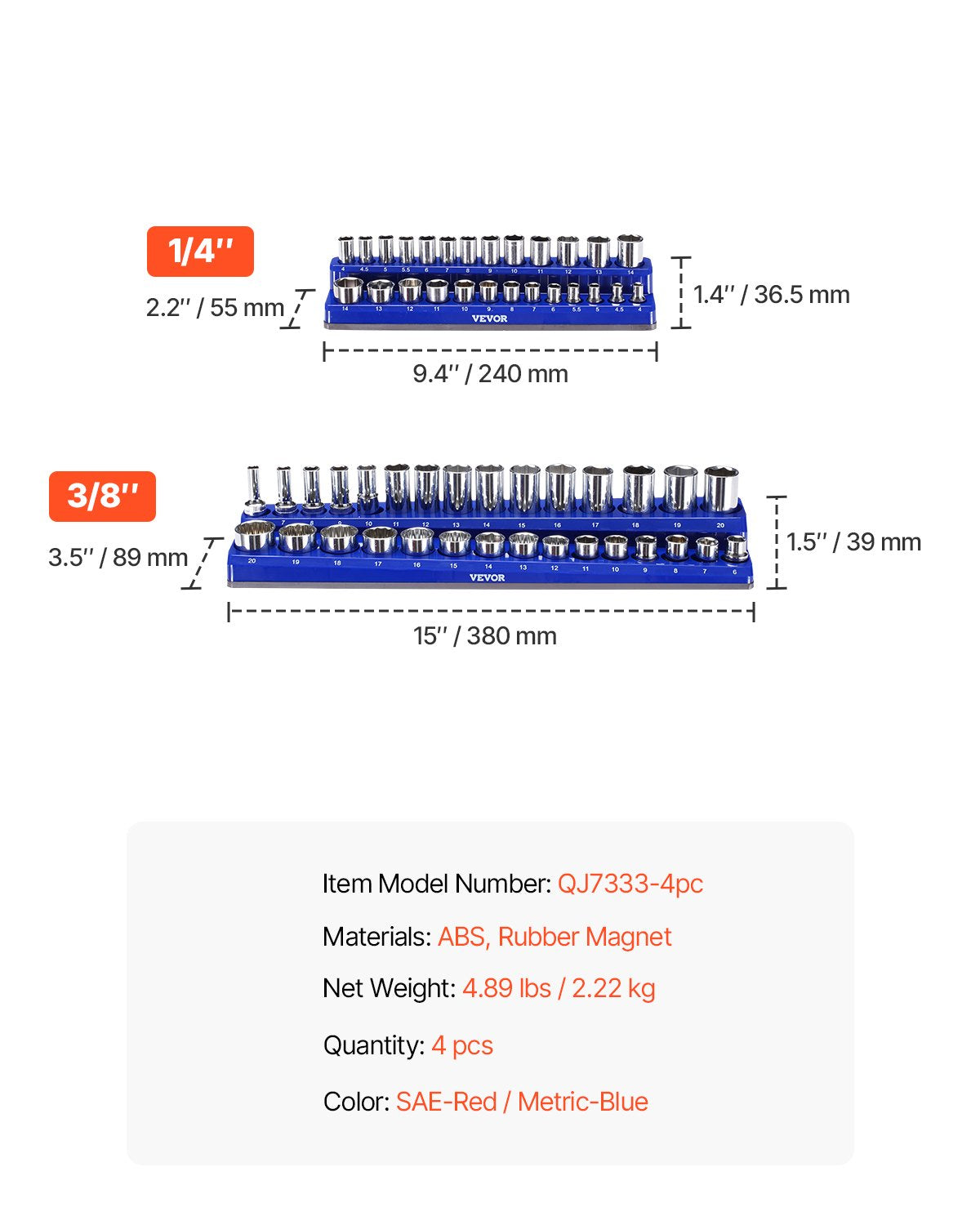 Magnetischer Steckschlüssel-Organizer-Satz, 4-teilig, Steckschlüssel-Unterlegscheiben, blau und rot, für metrische SAE-Schrauben