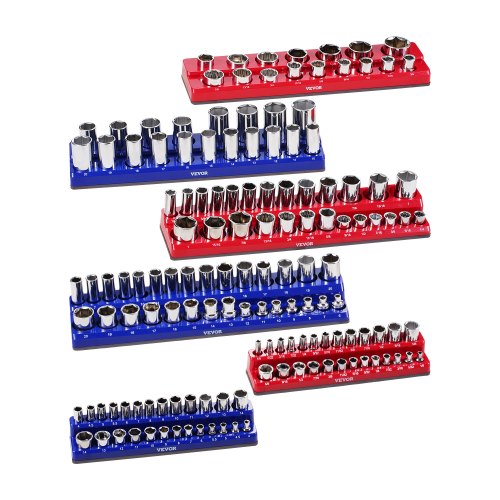 Magnetic Socket Organizer Set, 6PCS Socket Holder, 1/4'', 3/8'' & 1/2'' Metric SAE Socket Trays with Clear Labels, Hold up to 143PCS Standard & Deep Sockets, Blue & Red (Sockets Not Included)
