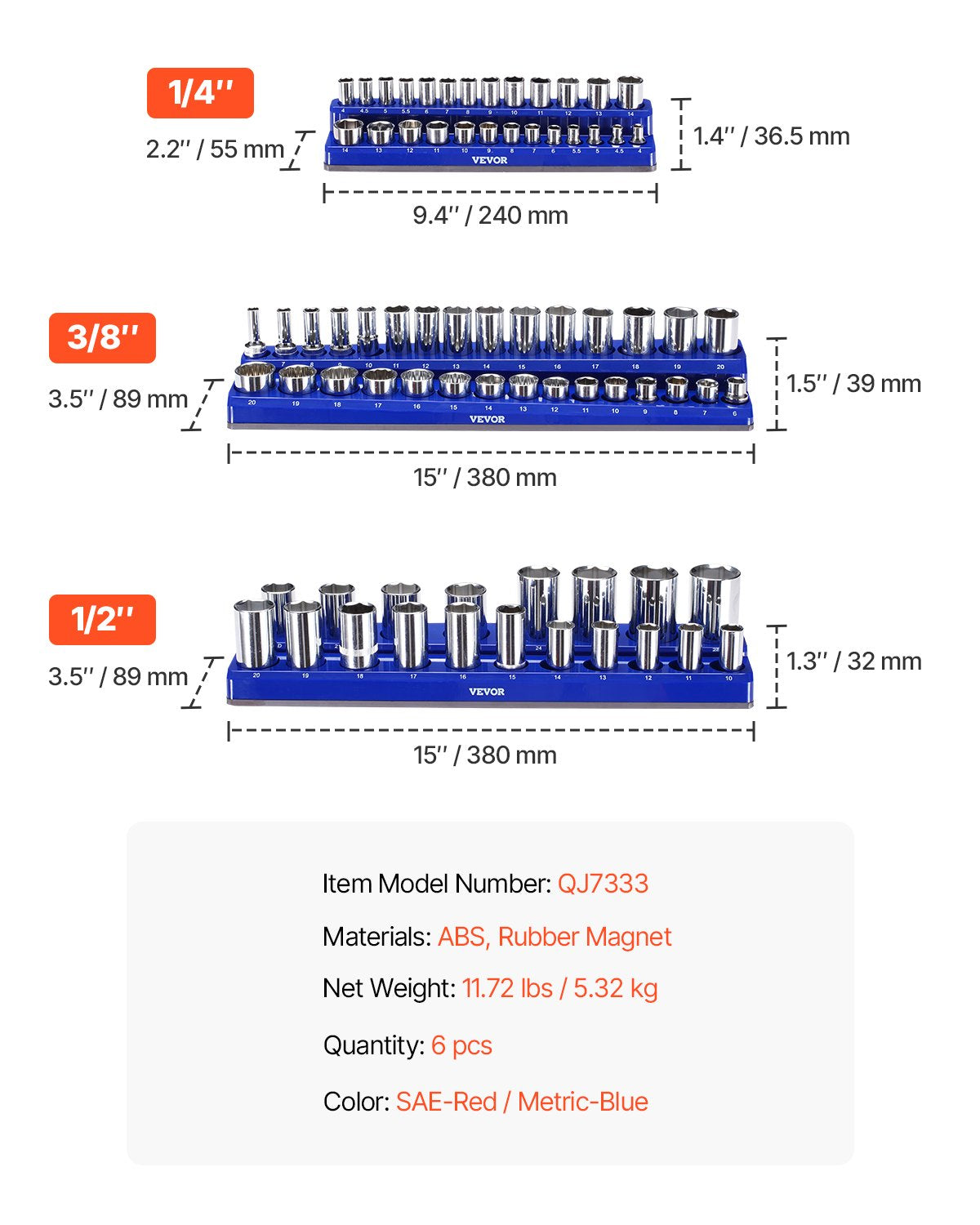 Magnetischer Steckschlüssel-Organizer-Satz, 6-teilig, Steckschlüssel-Unterlegscheiben, blau und rot, für metrische SAE-Schrauben