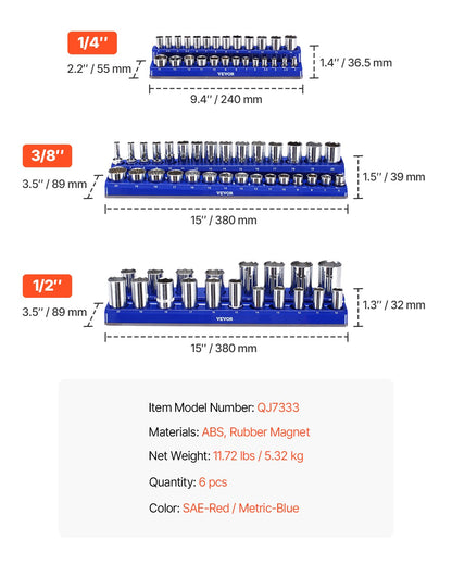 Magnetischer Steckschlüssel-Organizer-Satz, 6-teilig, Steckschlüssel-Unterlegscheiben, blau und rot, für metrische SAE-Schrauben