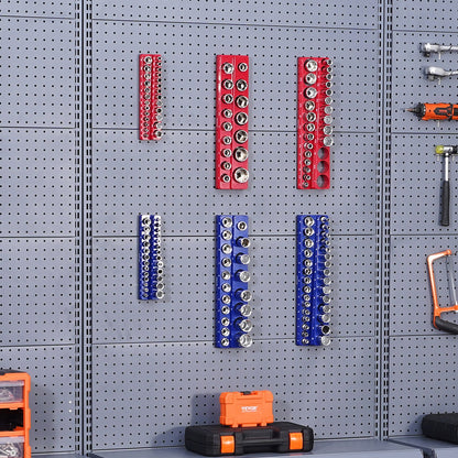 Magnetic Socket Organizer Set, 6PCS Socket Holder, 1/4'', 3/8'' & 1/2'' Metric SAE Socket Trays with Clear Labels, Hold up to 143PCS Standard & Deep Sockets, Blue & Red (Sockets Not Included)