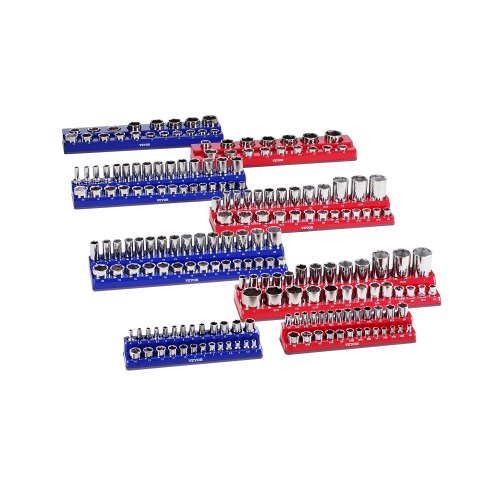 Magnetic Socket Organizer Set, 8PCS Socket Holder, 1/4'', 3/8'' & 1/2'' Metric SAE Socket Trays with Clear Labels, Hold up to 199PCS Standard & Deep Sockets, Blaue & Red (Sockets Not Included)