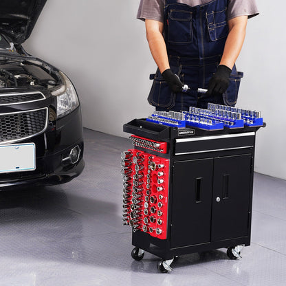 Magnetic Socket Organizer Set, 8PCS Socket Holder, 1/4'', 3/8'' & 1/2'' Metric SAE Socket Trays with Clear Labels, Hold up to 199PCS Standard & Deep Sockets, Blaue & Red (Sockets Not Included)