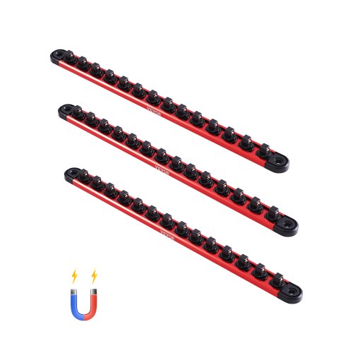 Socket Organizer Rail Set, 3PCS Metric & SAE Aluminum Socket Organizers, 1/4'', 3/8'' & 1/2'' Heavy-Duty Socket Holder with 360° Rotating Clips for Tool Box, Hold up to 40 Sockets, Red & Black