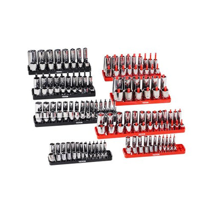 Socket Organizer Set, 8PCS High-Rod Socket Holder, 1/4'', 3/8'' & 1/2'' Metric SAE Socket Trays with Clear Labels, Hold up to 176PCS Standard & Deep Sockets, Black & Red (Socket Not Included)