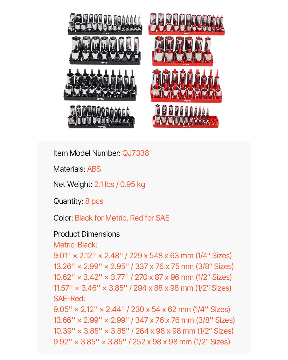 Steckschlüssel-Organizer-Set, 8-teilig, High-Rod-Steckschlüssel-Unterlegscheibe, schwarz und rot, für metrische SAE-