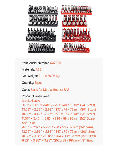 Steckschlüssel-Organizer-Set, 8-teilig, High-Rod-Steckschlüssel-Unterlegscheibe, schwarz und rot, für metrische SAE-