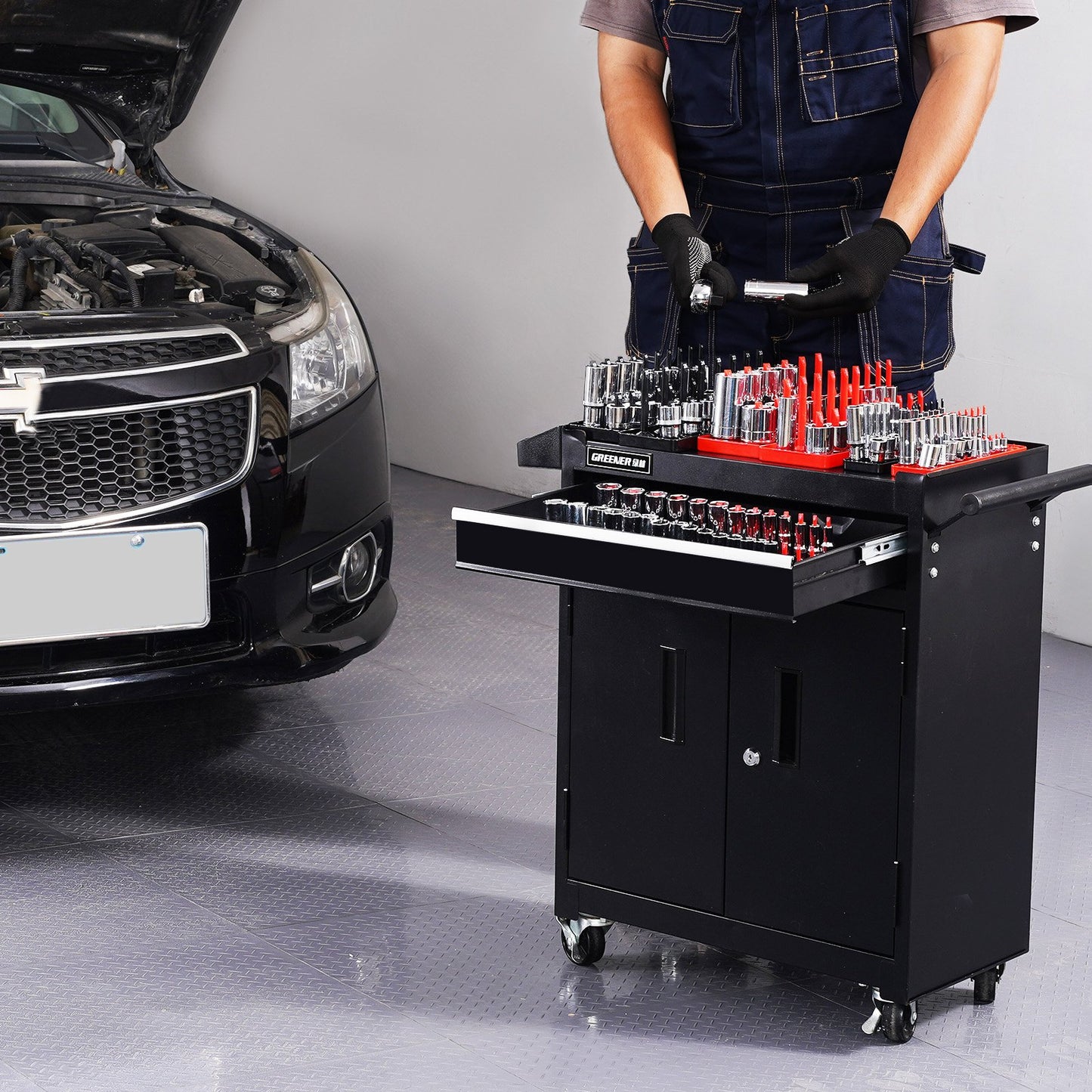 Socket Organizer Set, 8PCS High-Rod Socket Holder, 1/4'', 3/8'' & 1/2'' Metric SAE Socket Trays with Clear Labels, Hold up to 176PCS Standard & Deep Sockets, Black & Red (Socket Not Included)