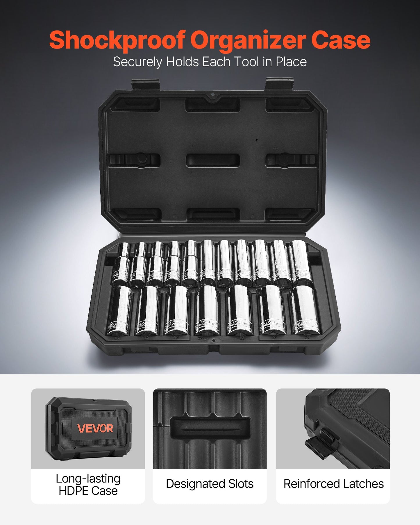 Socket Set, 18 Pieces, 1/2 inch Drive Socket Tool Set, Metric Size from 10 to 27 mm, Mechanic Tool Kit with Storage Case, Clear Markings, Chrome Plated CR-V Alloy Steel, for Automotive Repair