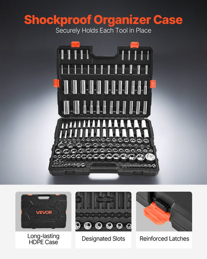 Socket Set, 163 Pieces, 3/8 & 1/4 & 1/2 inch Drive Socket Tool Set, SAE and Metric, Deep and Standard, Mechanic Tool Kit with Storage Case, Chrome Plated CR-V Alloy Steel, for Automotive Repair