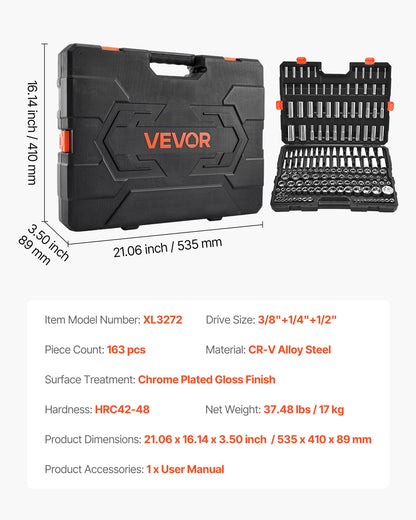 Socket Set, 163 Pieces, 3/8 & 1/4 & 1/2 inch Drive Socket Tool Set, SAE and Metric, Deep and Standard, Mechanic Tool Kit with Storage Case, Chrome Plated CR-V Alloy Steel, for Automotive Repair