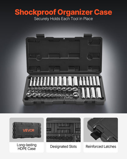 Socket Set, 46 Pieces, 1/4 inch Drive Socket Tool Set, SAE and Metric Size, Deep and Standard, Mechanic Tool Kit with Storage Case, Chrome Plated CR-V Alloy Steel, for Automotive Repair
