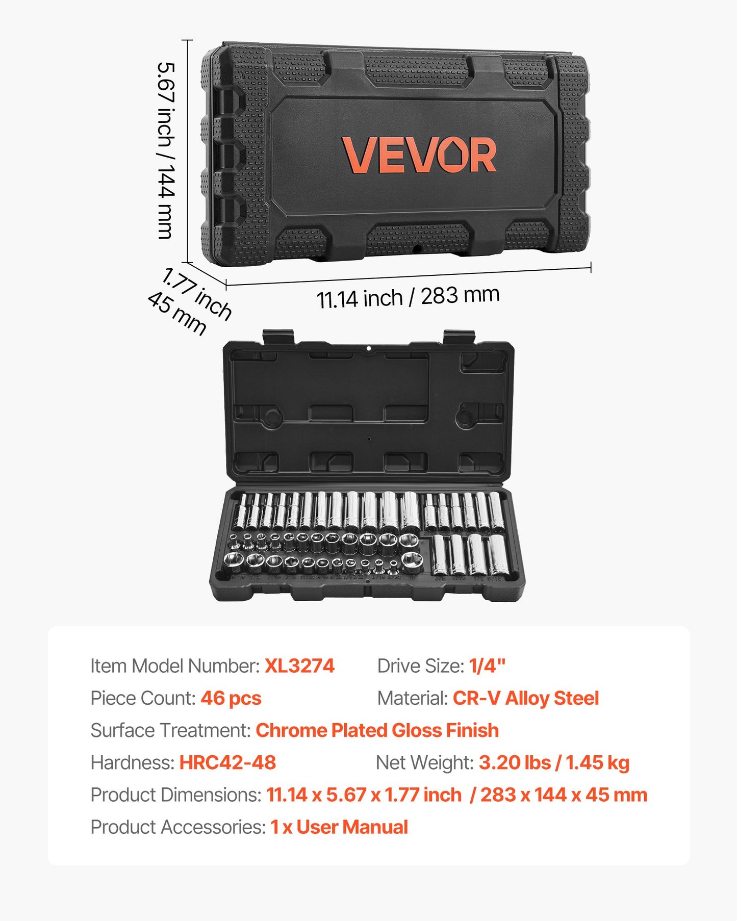 Socket Set, 46 Pieces, 1/4 inch Drive Socket Tool Set, SAE and Metric Size, Deep and Standard, Mechanic Tool Kit with Storage Case, Chrome Plated CR-V Alloy Steel, for Automotive Repair