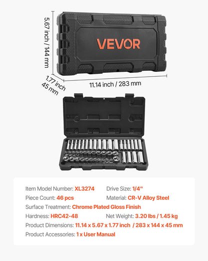 Socket Set, 46 Pieces, 1/4 inch Drive Socket Tool Set, SAE and Metric Size, Deep and Standard, Mechanic Tool Kit with Storage Case, Chrome Plated CR-V Alloy Steel, for Automotive Repair