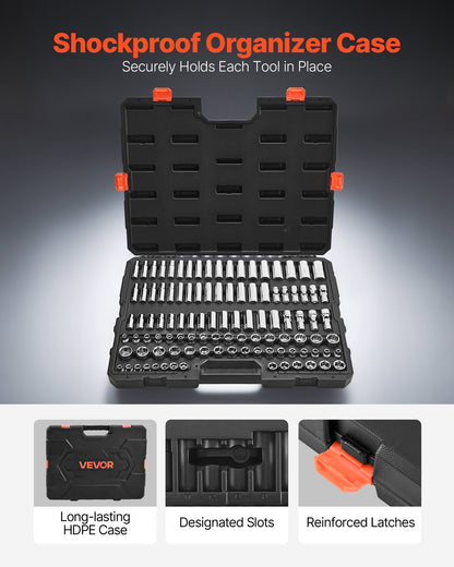 Socket Set, 104 Pieces, 3/8 inch Drive Socket Tool Set, Metric Size from 6 to 24 mm, Deep and Standard, Mechanic Tool Kit with Storage Case, Chrome Plated CR-V Alloy Steel, for Automotive Repair