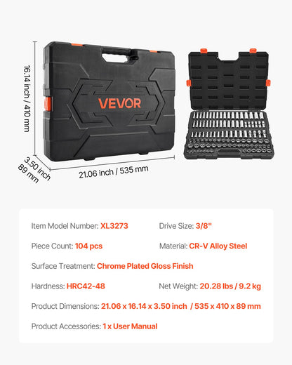 Socket Set, 104 Pieces, 3/8 inch Drive Socket Tool Set, Metric Size from 6 to 24 mm, Deep and Standard, Mechanic Tool Kit with Storage Case, Chrome Plated CR-V Alloy Steel, for Automotive Repair