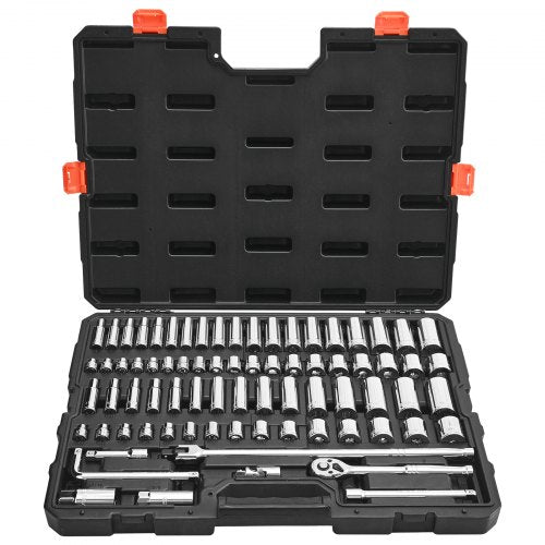 Socket Set, 76 Pieces, 3/8 inch Drive Socket and Ratchet Set, SAE and Metric, Deep and Shallow, Mechanic Tool Kit with Accessories and Storage Case, CR-V Alloy Steel, for Automotive Repair