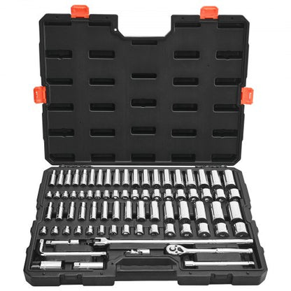 Socket Set, 76 Pieces, 3/8 inch Drive Socket and Ratchet Set, SAE and Metric, Deep and Shallow, Mechanic Tool Kit with Accessories and Storage Case, CR-V Alloy Steel, for Automotive Repair