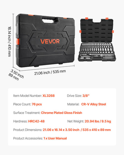 Socket Set, 76 Pieces, 3/8 inch Drive Socket and Ratchet Set, SAE and Metric, Deep and Shallow, Mechanic Tool Kit with Accessories and Storage Case, CR-V Alloy Steel, for Automotive Repair