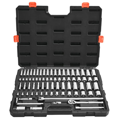 Socket Set, 76 Pieces, 3/8 inch Drive Socket and Ratchet Set, SAE and Metric, Deep and Shallow, Mechanic Tool Kit with Accessories and Storage Case, CR-V Alloy Steel, for Automotive Repair