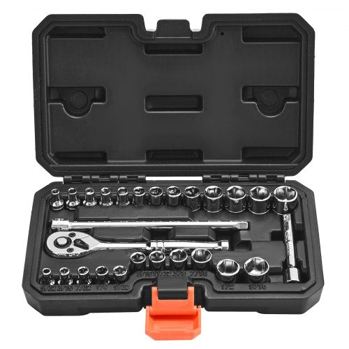 Socket Set, 27 Pieces, 1/4 inch Drive Socket and Ratchet Set, SAE and Metric, Mechanic Tool Kit with Ratchet Wrench, Extension Bar and Storage Case, CR-V Alloy Steel, for Automotive Repair