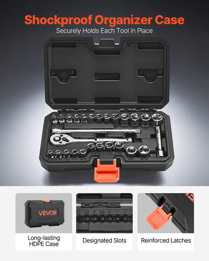 Socket Set, 27 Pieces, 1/4 inch Drive Socket and Ratchet Set, SAE and Metric, Mechanic Tool Kit with Ratchet Wrench, Extension Bar and Storage Case, CR-V Alloy Steel, for Automotive Repair