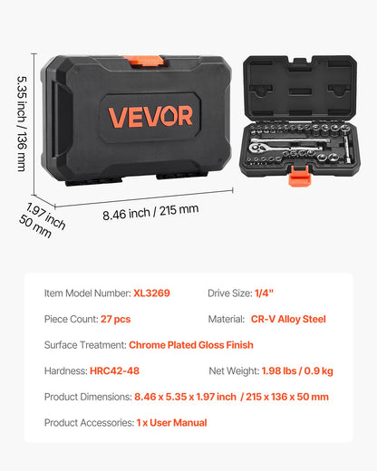 Socket Set, 27 Pieces, 1/4 inch Drive Socket and Ratchet Set, SAE and Metric, Mechanic Tool Kit with Ratchet Wrench, Extension Bar and Storage Case, CR-V Alloy Steel, for Automotive Repair