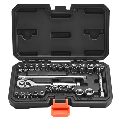 Socket Set, 27 Pieces, 1/4 inch Drive Socket and Ratchet Set, SAE and Metric, Mechanic Tool Kit with Ratchet Wrench, Extension Bar and Storage Case, CR-V Alloy Steel, for Automotive Repair