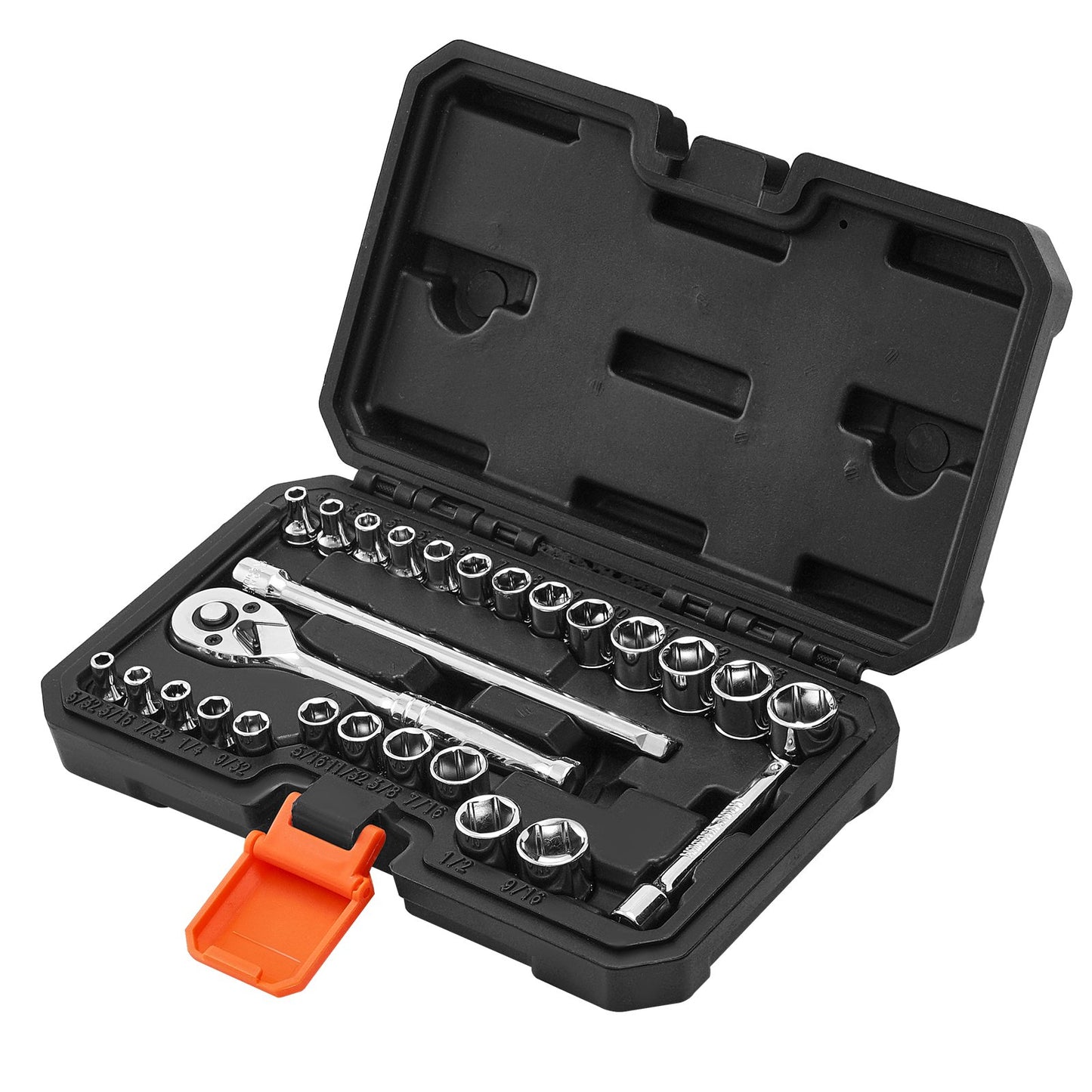 Socket Set, 27 Pieces, 1/4 inch Drive Socket and Ratchet Set, SAE and Metric, Mechanic Tool Kit with Ratchet Wrench, Extension Bar and Storage Case, CR-V Alloy Steel, for Automotive Repair