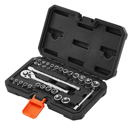 Socket Set, 27 Pieces, 1/4 inch Drive Socket and Ratchet Set, SAE and Metric, Mechanic Tool Kit with Ratchet Wrench, Extension Bar and Storage Case, CR-V Alloy Steel, for Automotive Repair
