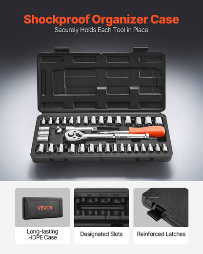 Socket Set, 39 Pieces, 3/8 & 1/4 inch Drive Socket and Ratchet Set, SAE and Metric Size, Mechanic Tool Kit with Ratchet Wrench, Accessories, Storage Case, CR-V Alloy Steel, for Automotive Repair