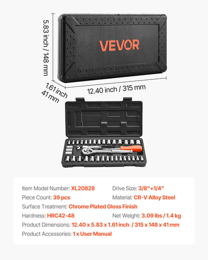 Socket Set, 39 Pieces, 3/8 & 1/4 inch Drive Socket and Ratchet Set, SAE and Metric Size, Mechanic Tool Kit with Ratchet Wrench, Accessories, Storage Case, CR-V Alloy Steel, for Automotive Repair