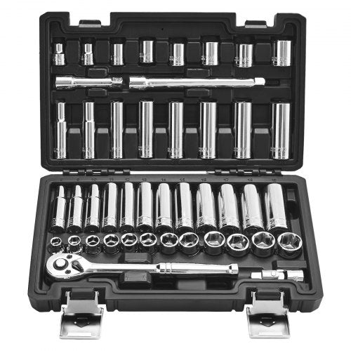 Socket Set, 44 Pieces, 3/8 inch Drive Socket and Ratchet Set, SAE and Metric, Deep and Shallow, Mechanic Tool Kit with Accessories and Storage Case, CR-V Alloy Steel, for Automotive Repair