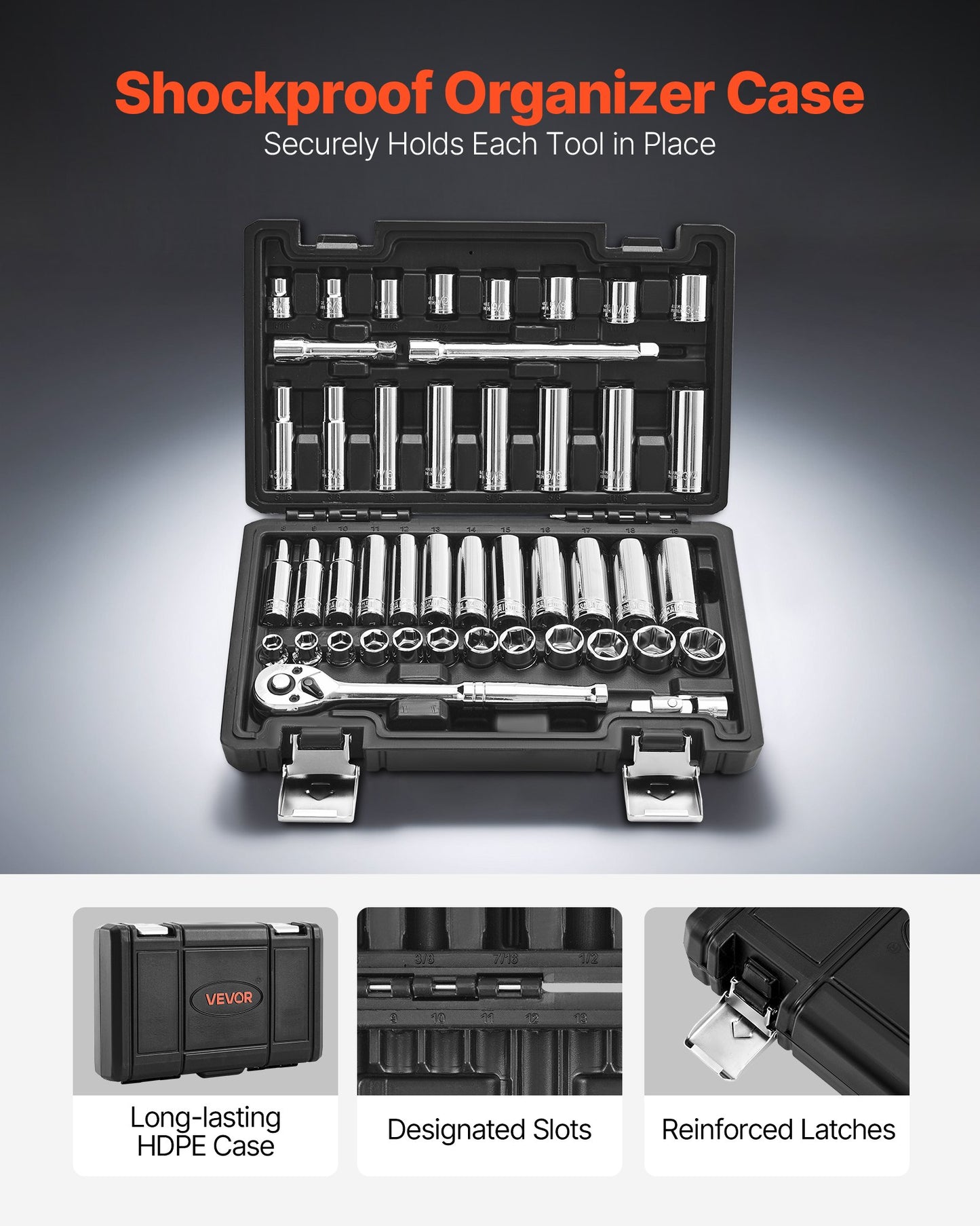 Socket Set, 44 Pieces, 3/8 inch Drive Socket and Ratchet Set, SAE and Metric, Deep and Shallow, Mechanic Tool Kit with Accessories and Storage Case, CR-V Alloy Steel, for Automotive Repair