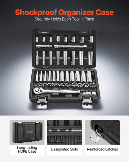 Socket Set, 44 Pieces, 3/8 inch Drive Socket and Ratchet Set, SAE and Metric, Deep and Shallow, Mechanic Tool Kit with Accessories and Storage Case, CR-V Alloy Steel, for Automotive Repair