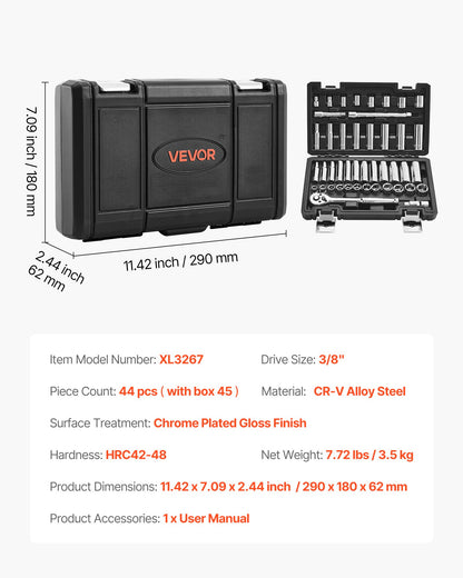 Socket Set, 44 Pieces, 3/8 inch Drive Socket and Ratchet Set, SAE and Metric, Deep and Shallow, Mechanic Tool Kit with Accessories and Storage Case, CR-V Alloy Steel, for Automotive Repair