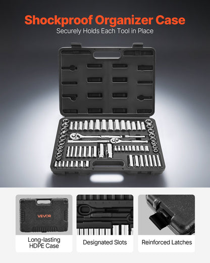 Socket Set, 69 Pieces, 3/8 & 1/4 inch Drive Socket and Ratchet Set, SAE and Metric, Deep and Standard, Mechanic Tool Kit with Accessories and Storage Case, CR-V Alloy Steel, for Auto Repair