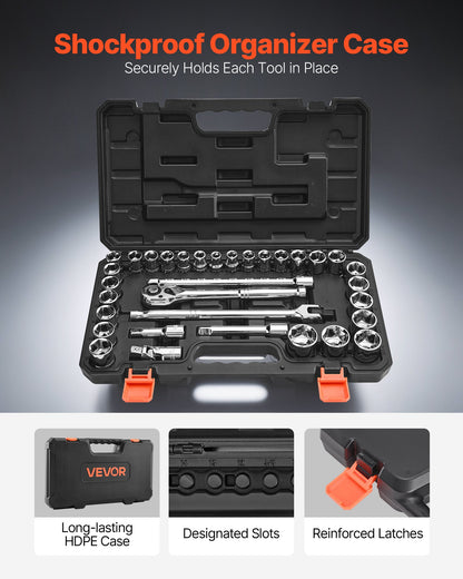 Socket Set, 33 Pieces, 1/2 inch Drive Socket and Ratchet Set, SAE and Metric, Mechanic Tool Kit with Ratchet Wrench, Extension Bar and Storage Case, CR-V Alloy Steel, for Automotive Repair