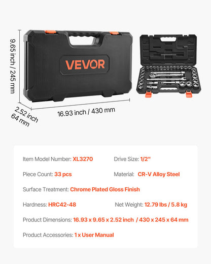 Socket Set, 33 Pieces, 1/2 inch Drive Socket and Ratchet Set, SAE and Metric, Mechanic Tool Kit with Ratchet Wrench, Extension Bar and Storage Case, CR-V Alloy Steel, for Automotive Repair