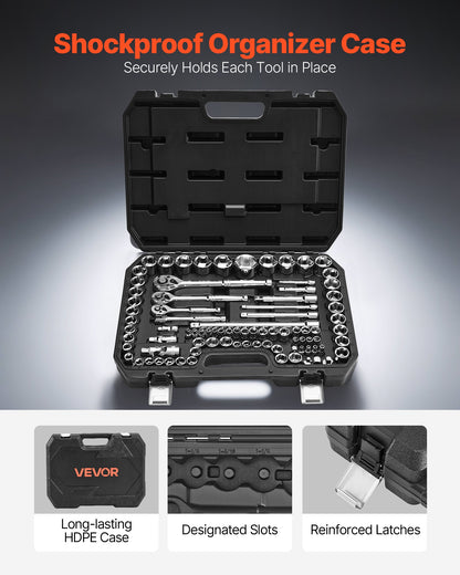 Socket Set, 86 Pieces, 3/8 & 1/4 & 1/2 inch Drive Socket and Ratchet Set, SAE and Metric, Mechanic Tool Kit with Ratchet Wrench, Accessories and Storage Case, CR-V Alloy Steel, for Auto Repair