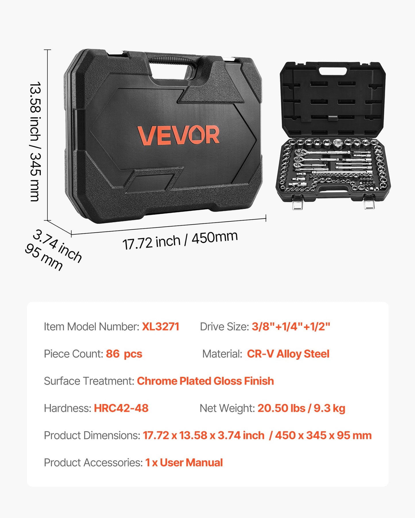 Socket Set, 86 Pieces, 3/8 & 1/4 & 1/2 inch Drive Socket and Ratchet Set, SAE and Metric, Mechanic Tool Kit with Ratchet Wrench, Accessories and Storage Case, CR-V Alloy Steel, for Auto Repair