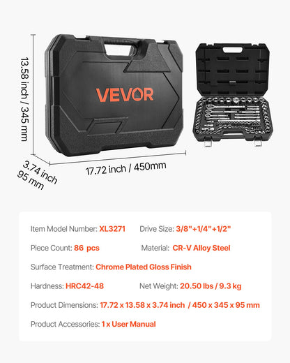 Socket Set, 86 Pieces, 3/8 & 1/4 & 1/2 inch Drive Socket and Ratchet Set, SAE and Metric, Mechanic Tool Kit with Ratchet Wrench, Accessories and Storage Case, CR-V Alloy Steel, for Auto Repair