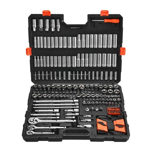 Socket Set, 225 Pieces, 3/8 & 1/4 & 1/2 inch Drive Socket and Ratchet Set, SAE and Metric, Deep and Shallow, Mechanic Tool Kit with Bits, Accessories, Storage Case, CR-V Alloy Steel, for Repair