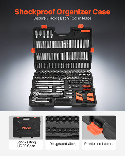 Socket Set, 225 Pieces, 3/8 & 1/4 & 1/2 inch Drive Socket and Ratchet Set, SAE and Metric, Deep and Shallow, Mechanic Tool Kit with Bits, Accessories, Storage Case, CR-V Alloy Steel, for Repair