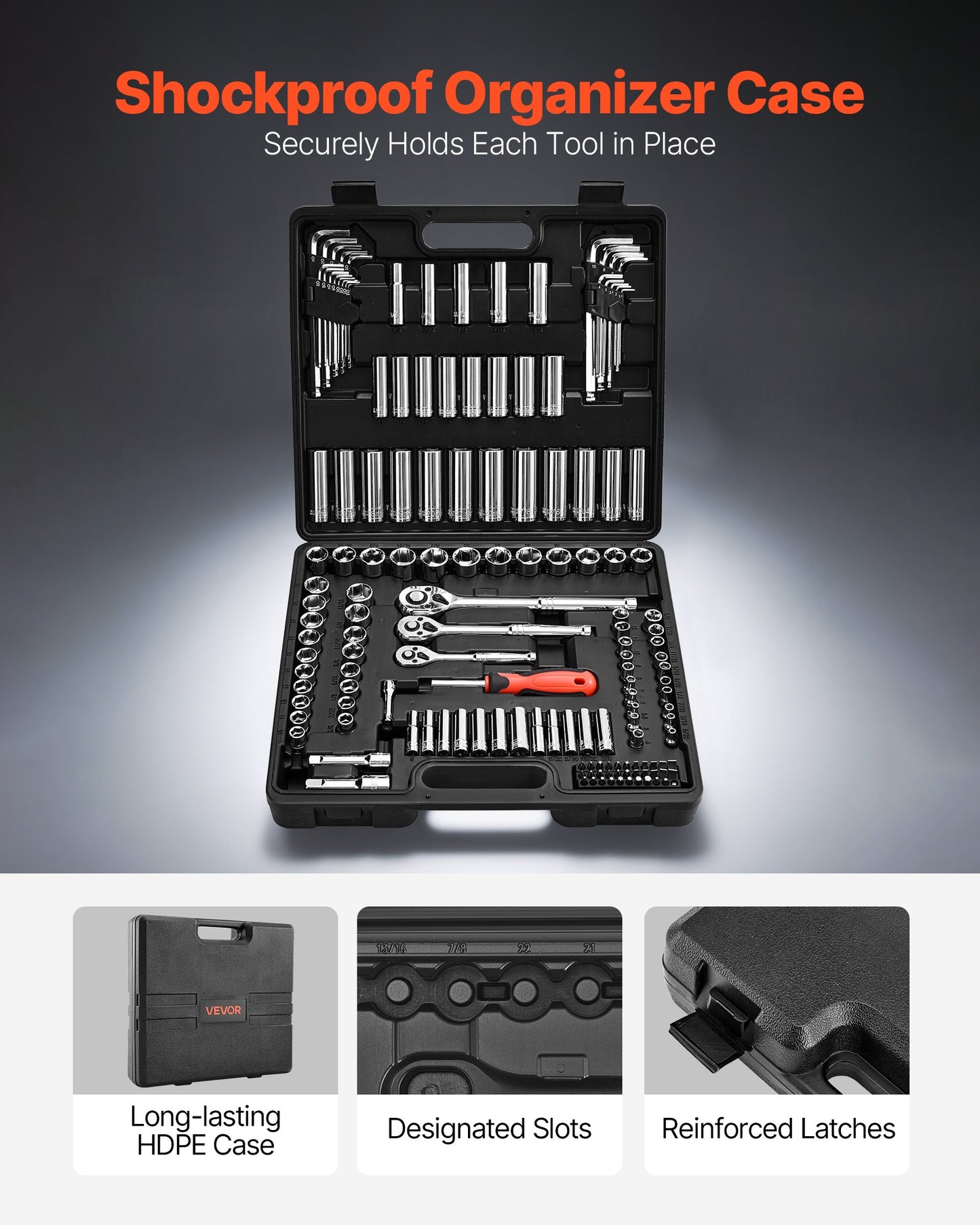 Socket Set, 149 Pieces, 3/8 & 1/4 & 1/2 inch Drive Socket and Ratchet Set, SAE and Metric, Deep and Shallow, Mechanic Tool Kit with Bits, Accessories, Storage Case, CR-V Alloy Steel, for Repair