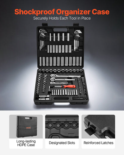 Socket Set, 149 Pieces, 3/8 & 1/4 & 1/2 inch Drive Socket and Ratchet Set, SAE and Metric, Deep and Shallow, Mechanic Tool Kit with Bits, Accessories, Storage Case, CR-V Alloy Steel, for Repair