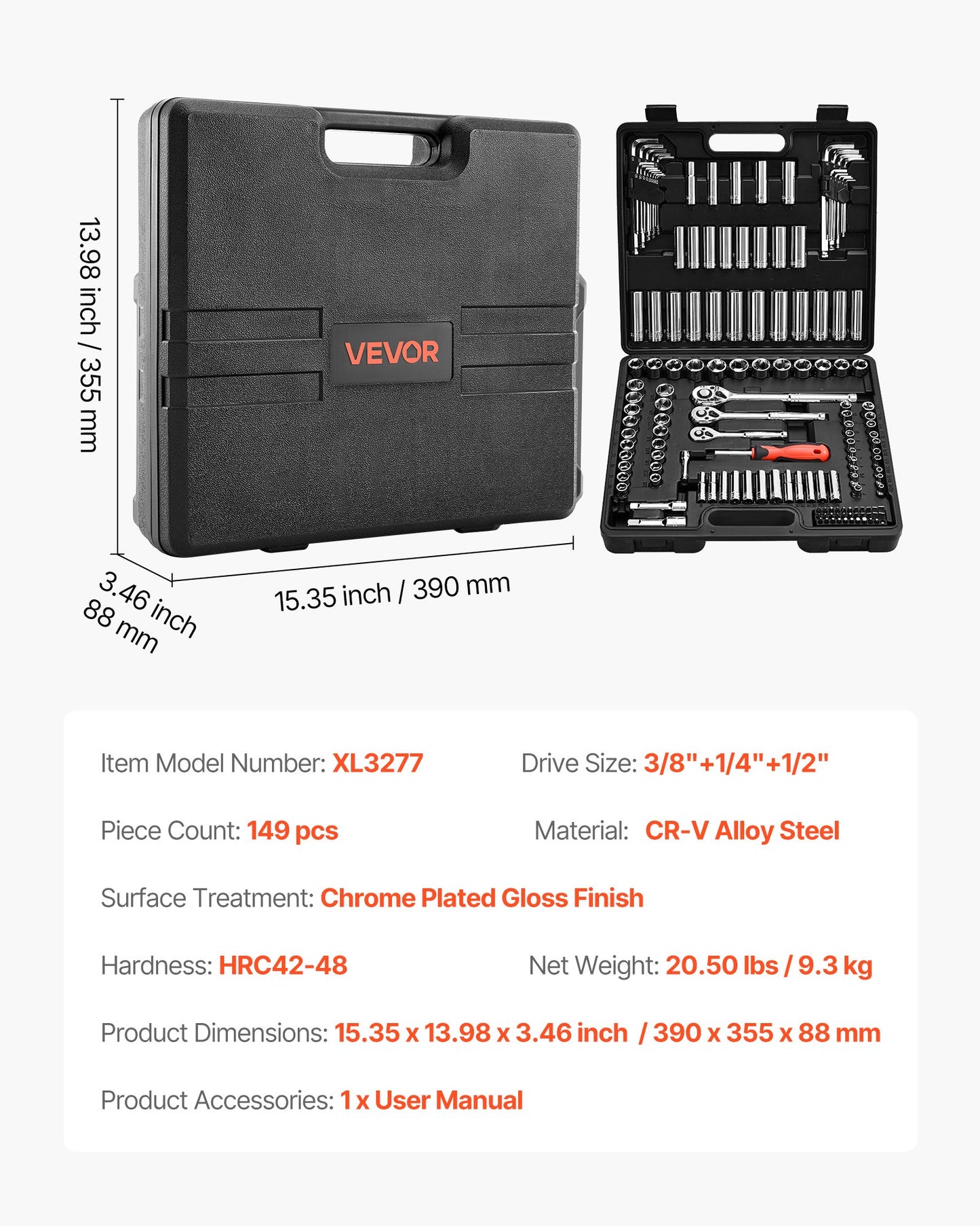 Socket Set, 149 Pieces, 3/8 & 1/4 & 1/2 inch Drive Socket and Ratchet Set, SAE and Metric, Deep and Shallow, Mechanic Tool Kit with Bits, Accessories, Storage Case, CR-V Alloy Steel, for Repair