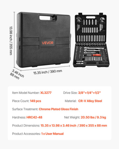 Socket Set, 149 Pieces, 3/8 & 1/4 & 1/2 inch Drive Socket and Ratchet Set, SAE and Metric, Deep and Shallow, Mechanic Tool Kit with Bits, Accessories, Storage Case, CR-V Alloy Steel, for Repair