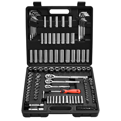 Socket Set, 149 Pieces, 3/8 & 1/4 & 1/2 inch Drive Socket and Ratchet Set, SAE and Metric, Deep and Shallow, Mechanic Tool Kit with Bits, Accessories, Storage Case, CR-V Alloy Steel, for Repair
