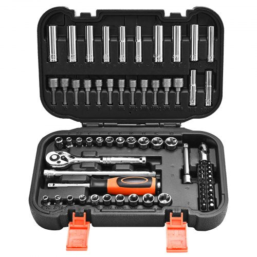 Socket Set, 70 Pieces, 1/4 inch Drive Socket and Ratchet Set, SAE and Metric, Deep and Shallow, Mechanic Tool Kit with Bits, Accessories and Storage Case, CR-V Alloy Steel, for Automotive Repair